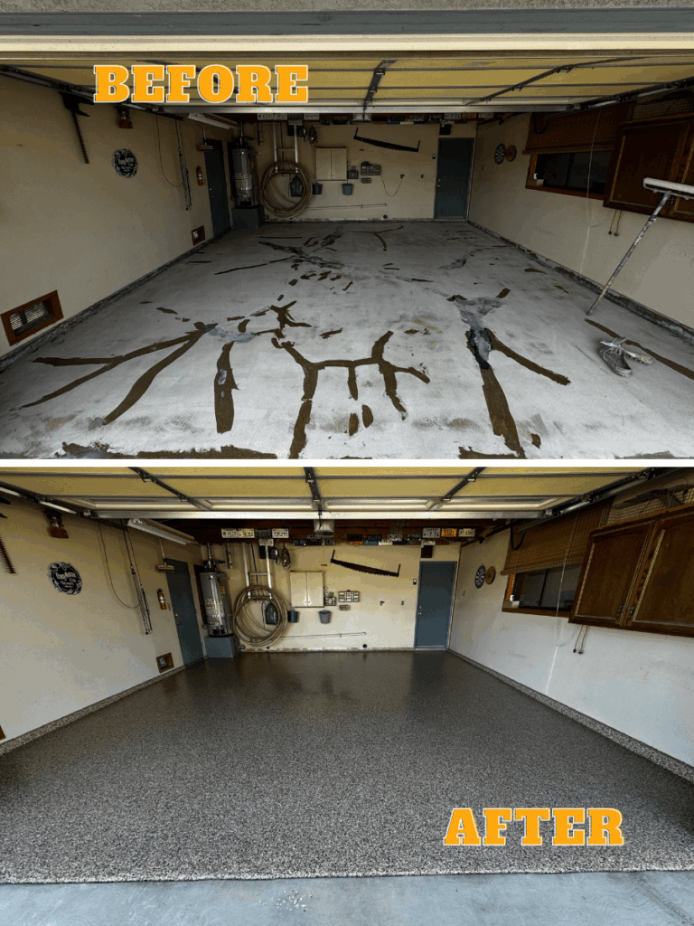 Garage floor transformation before after Bakersfield garage floor colors