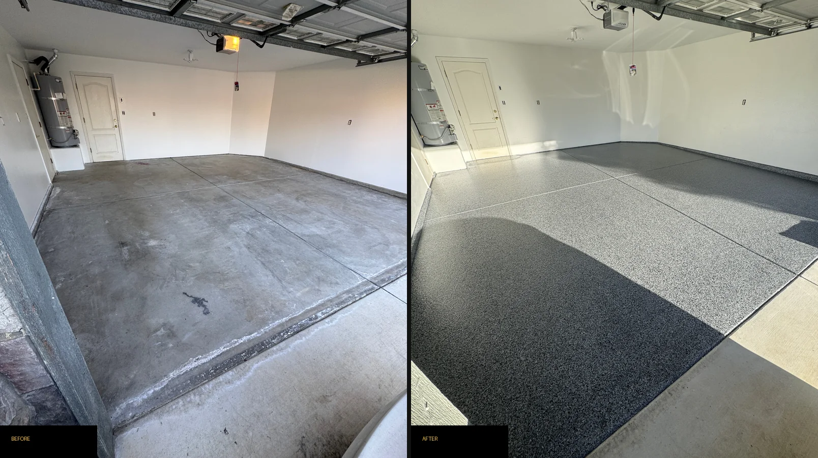 Garage floor coating in Bakersfield, CA - before and after the epoxy flake system