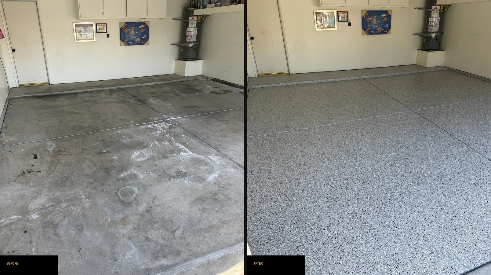 Garage floor coating in Bakersfield, CA - before and after the epoxy flake system
