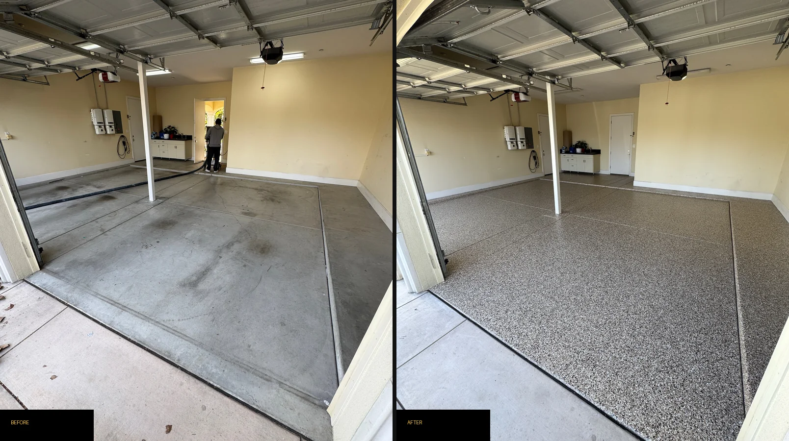 Garage floor coating in Bakersfield, CA - before and after the epoxy flake system