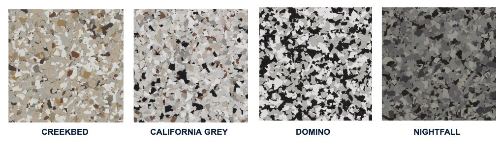 Four Husky Coatings flake colors for garage floor coatings in Bakersfield CA - Creekbed, California Grey, Domino and Nightfall