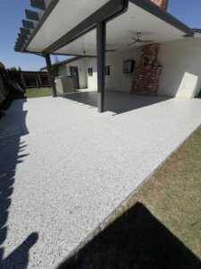 polyaspartic patio floor coating with California Grey flakes Bakersfield CA — after
