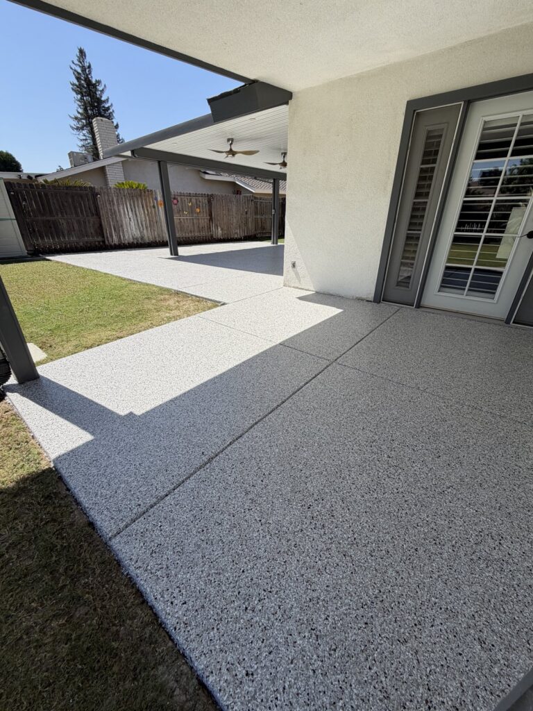 California Grey flake polyaspartic patio coating Bakersfield CA — after